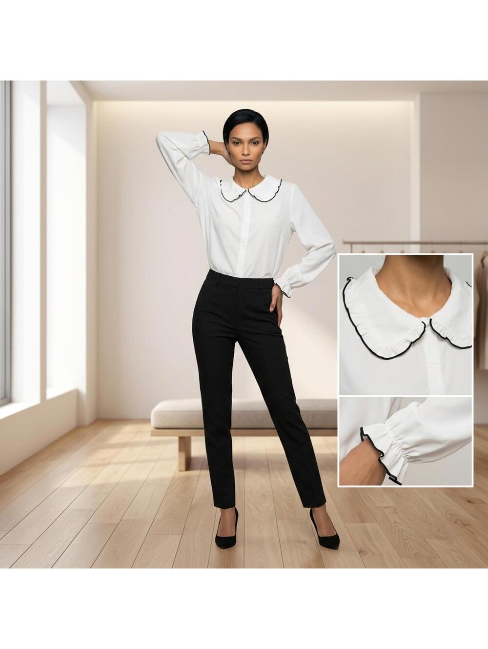 AllegraK Long Sleeved White w/Black Trim Blouse 3XL